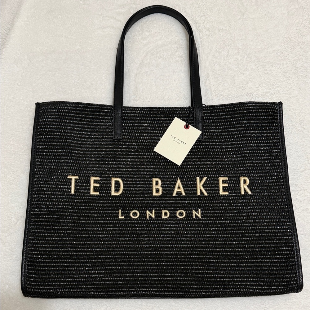 Ted Baker Black Straw Tote with Gold Lettering